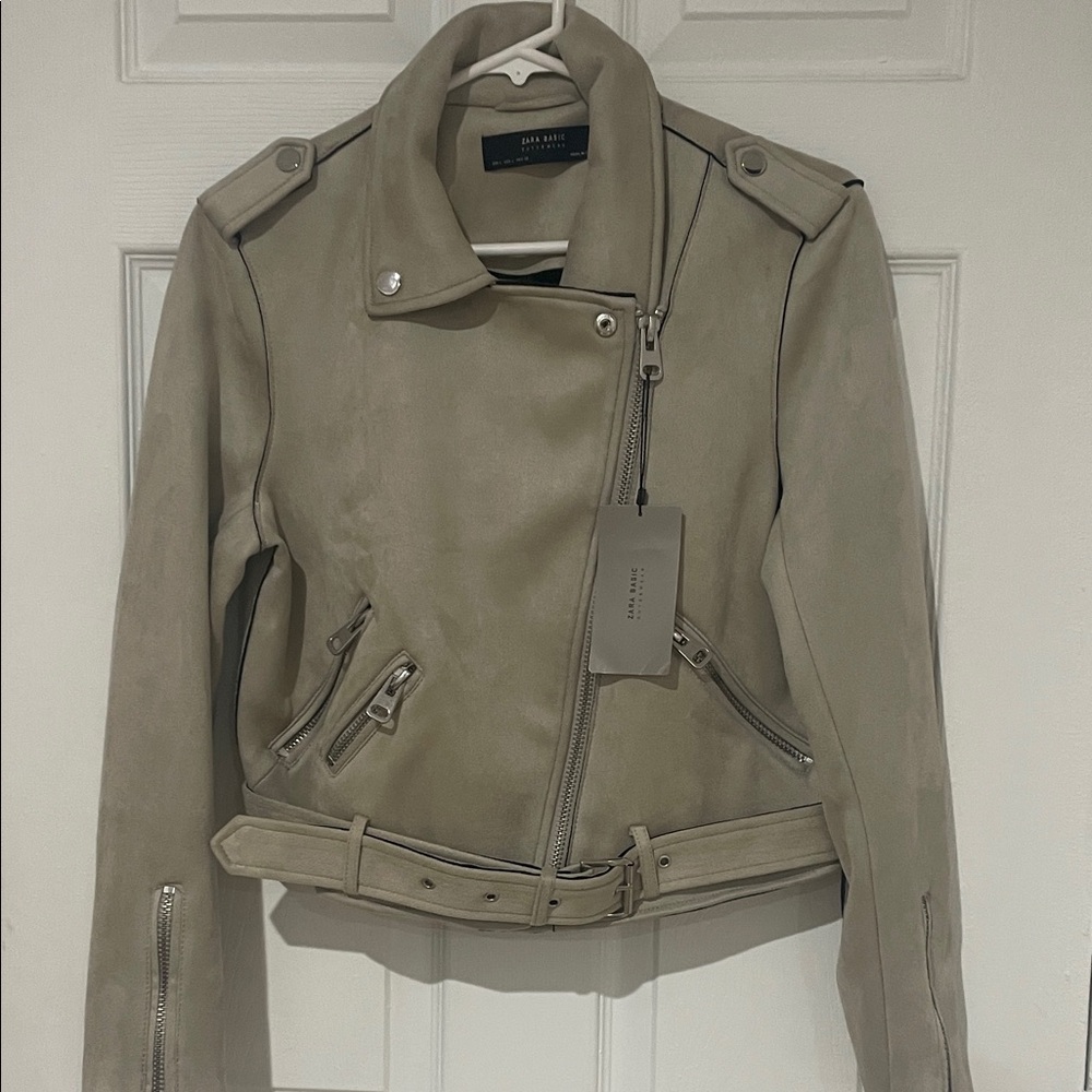Zara Taupe Women's Leather Biker Jacket